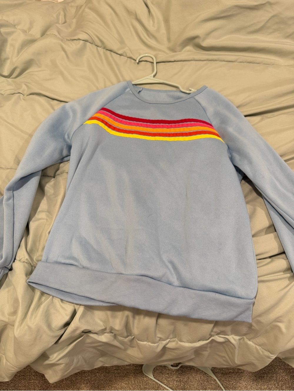 Light Blue Women's Crewneck Sweater with Rainbow Stripe